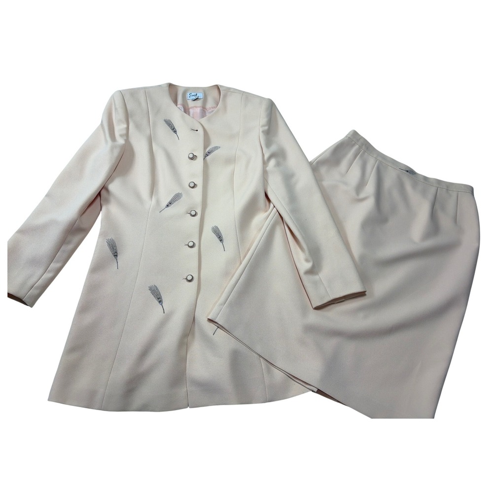 Emily Womens 2 Piece Skirt Suit Set Peach Pink Beaded Feather Blazer Skirt Sz 12